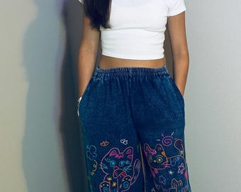 Hand-Embroidered Washed Denim Pants - Relaxed Everyday Style - FREE SIZE