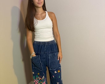 Hand-Embroidered Washed Denim Balloon Pants - Relaxed Everyday Style - FREE SIZE