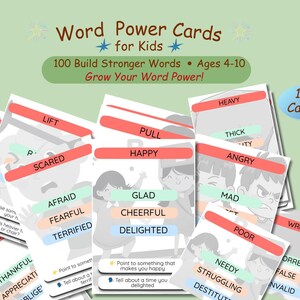 May include: Word Power Cards for Kids, featuring 100 cards to build stronger words. The cards have words like "Happy", "Angry", and "Scared", with related words below. The cards are designed for ages 4-10.