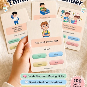 May include: A hand holds a card from a set titled "Think Like a Founder." The card features an illustration of a child pondering a question. Other cards show children and text like "You lose a toy" and "You forgot to pack your water bottle."