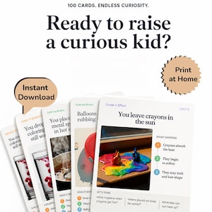 Puede incluir: Un conjunto de tarjetas educativas con temática científica con el texto "Ready to raise a curious kid?" y "100 cards. Endless curiosity." Las tarjetas presentan experimentos e ilustraciones, incluyendo crayones derritiéndose. Las palabras "Instant Download" y "Print at Home" también son visibles.