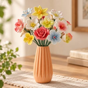 Könnte beinhalten: Eine pfirsichfarbene, vertikal gerippte Keramikvase enthält einen Strauß künstlicher Blumen. Das Arrangement besteht aus einer zentralen roten Rose, umgeben von verschiedenen Blüten in Gelb-, Weiß-, Hellblau- und Rosatönen an dünnen grünen Stielen.
