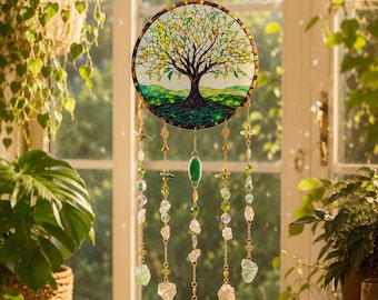 Tree of Life Crystal Suncatcher, Stained Glass Style Window Hanging, Natural Stone Sun Catcher, Green Tree Wall Decor Gift