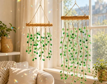 Grüner Kristallblatt-Sonnenfänger, Fensterhänger aus Holz, grüne Rankenprismen-Dekoration, Sonnenfänger-Geschenk für Pflanzenzimmer, Boho-Wanddekoration mit Prismenmotiv für Pflanzenzimmer