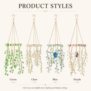 May include: Four hanging ornaments with gold-toned metal chains and circular frames. Each features cascading wire branches adorned with teardrop-shaped beads in green, clear, blue, or purple, with a central stone pendant in each color.