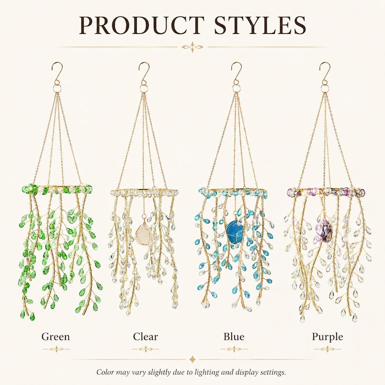 May include: Four hanging ornaments with gold-toned metal chains and circular frames. Each features cascading wire branches adorned with teardrop-shaped beads in green, clear, blue, or purple, with a central stone pendant in each color.