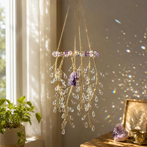 Crystal Bead Tree Suncatcher, Boho Window Hanging Ornament, Tree of Life Crystal Decor, Housewarming Gift for Her, Aesthetic Room Decor