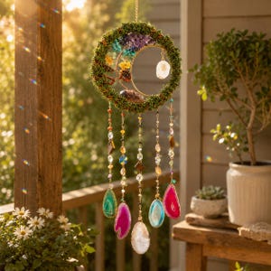 Op de afbeelding: Een ronde wandhanger met een met groen mos bedekte ring, versierd met een halve maan en kleurrijke kristallen. Vijf bungelende goudkleurige metalen kettingen zijn voorzien van diverse edelsteenkralen en gepolijste plakjes agaat.