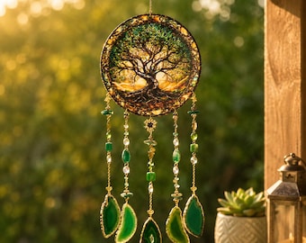 Tree of Life Acrylic Suncatcher, Green Stone Slice Drops, Botanical Window Hanging
