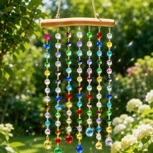 Rainbow Crystal Bead Suncatcher, Wooden Bar Prism Window Hanging, Color Bead Chain Mobile, Garden Sun Catcher Decor