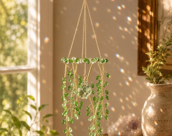 Leaf Crystal Suncatcher, Green Vine Window Hanging, Rainbow Prism Sun Catcher, Botanical Boho Decor, Handmade Crystal Window Ornament