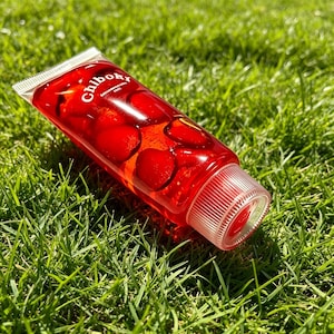 May include: A clear tube of lip gloss filled with red liquid and whole cherries. The tube has a clear, ribbed cap and the word "Chiboky" is printed on the tube. The lip gloss is resting on a bed of green grass.