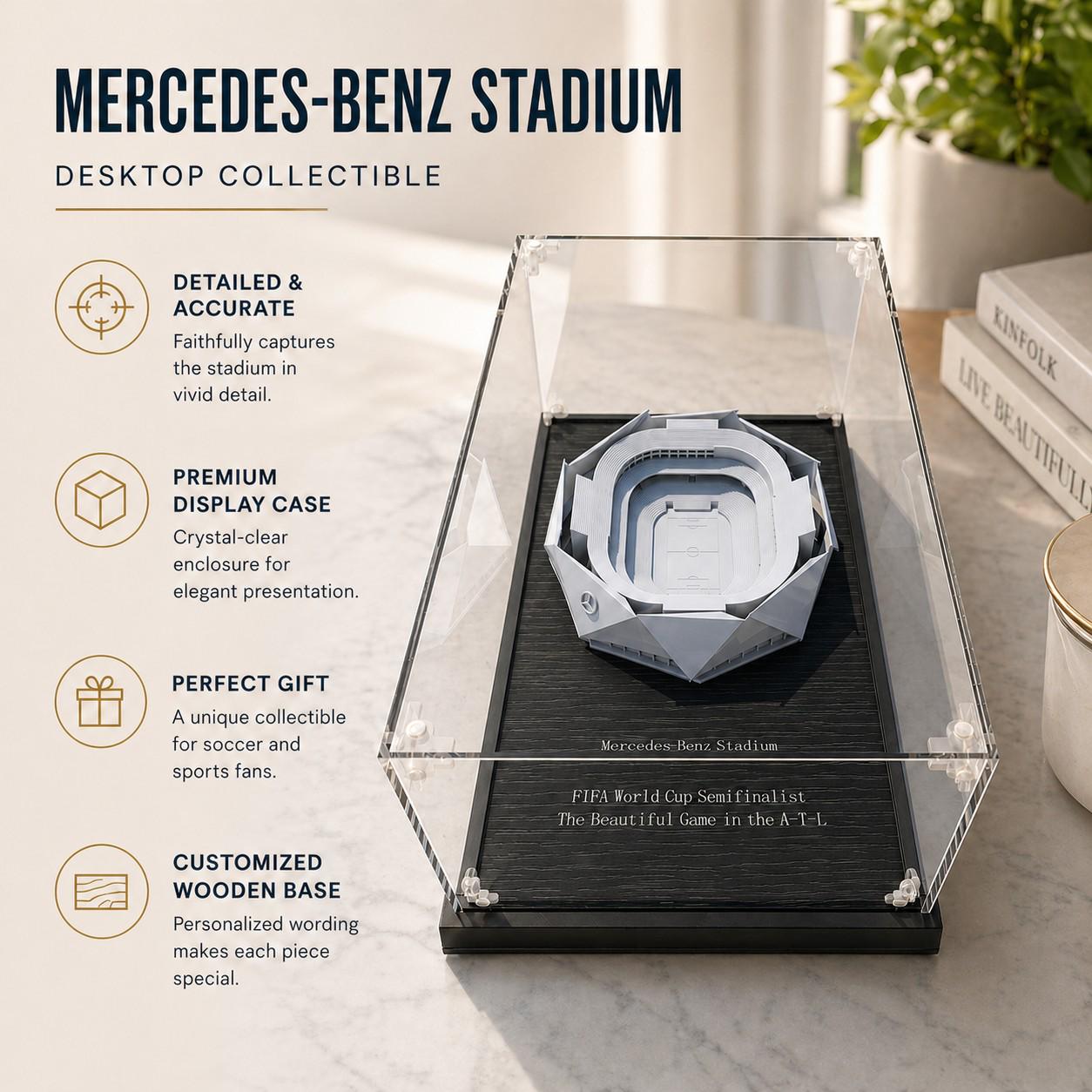 Mercedes-Benz Stadium Model, Personalized 3D Printed Soccer Miniature, PMMA Display Case, Paintable Sports Collectible