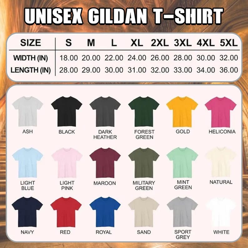 May include: A Gildan unisex t-shirt color chart and sizing guide. The top section displays a table with width and length measurements in inches for sizes S through 5XL. Below, eighteen t-shirt icons are shown in various colors with labels.