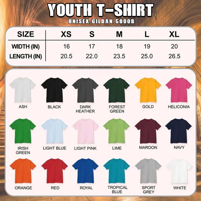 May include: A chart displaying a variety of youth t-shirt colors and sizes. The t-shirts are available in colors such as black, dark heather, forest green, gold, and more. Sizes range from XS to XL, with width and length measurements in inches.