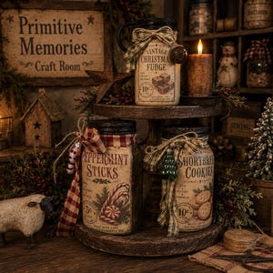 May include: Three glass jars with black lids on a two-tiered wooden stand. The jars feature labels reading Vintage Christmas Fudge, Peppermint Sticks, and Shortbread Cookies. Each jar is decorated with plaid fabric ribbons and small metal accents.