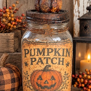 May include: A clear glass mason jar with a dark metal lid topped by a small decorative pumpkin. The jar features a label with the text PUMPKIN PATCH, a jack-o'-lantern illustration, and the words HAND GROWN PUMPKINS GOURDS SQUASH with stars.