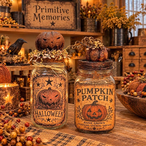 Handmade Primitive Pumpkin Patch Jar | Distressed Grunged Fall Decor, Rustic Farmhouse Accent