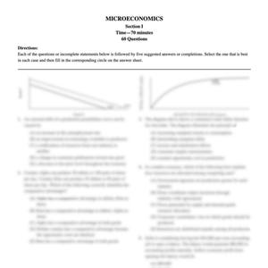 May include: A printed page from a Microeconomics exam. The text includes the title "Microeconomics," section details, a time limit of 70 minutes, and 60 questions. Instructions and questions are visible.