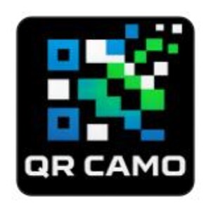 May include: A black square graphic with a QR code design in blue, green, and white. The text "QR CAMO" is displayed in white at the bottom of the square.