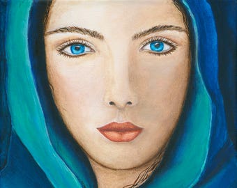 The Seer, Acrylic Painting, Original, Woman, Blue Scarf, Spiritual