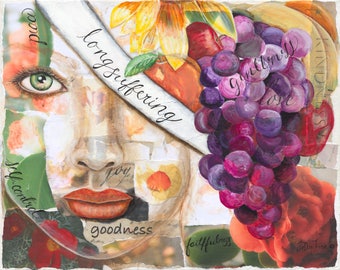 Be Ye Fruitful Mixed Media Portrait on Canvas, Original Art by JoDee Luna, Fruit of the Spirit, Portrait of Woman