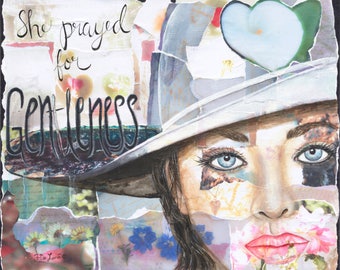 She Prayed for Gentleness, Mixed Media Portrait, Original Art, Hat, Woman, Fountain