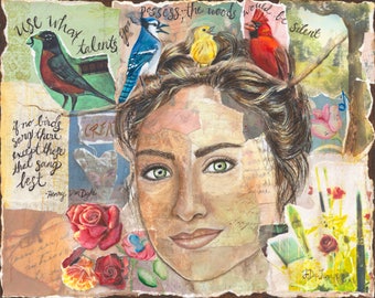 Use your Talents Mixed Media Portrait, Original Art, Colorful Birds, Quote, Woman's Face