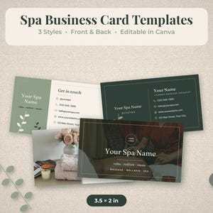 Puede incluir: Plantillas de tarjetas de visita para spa con tres estilos y diseños de anverso y reverso. Las tarjetas muestran texto que incluye Your Spa Name, datos de contacto y las dimensiones 8,89 x 5,08 cm. La paleta de colores incluye verde salvia, verde oscuro y crema.