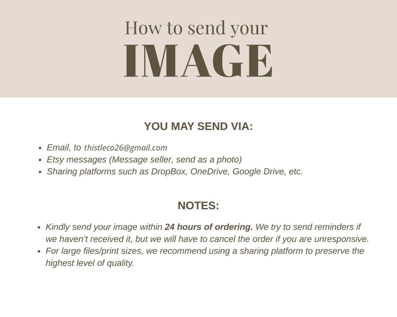 May include: A beige graphic with the text "How to send your IMAGE." Below, it lists ways to send images: email, Etsy messages, and sharing platforms. Notes include sending images within 24 hours and using sharing platforms for large files.