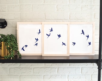 Blue Birds Watercolor Print Set, Flying Silhouette Wall Art
