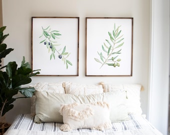 Olive Branch Watercolor Print Set, Green & Black Olives, Wall Art