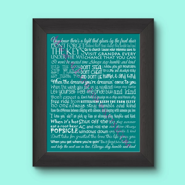 Humble and Kind - Lyrics Sign Wall Art Print - 11" by 14" - Typography perfect for a new graduate, marriage, and birthdays