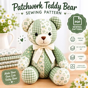 Memory Bear Sewing Pattern PDF, Patchwork Keepsake Teddy Bear Pattern, Memory Bear Template, Heirloom Bear, A4 US Letter