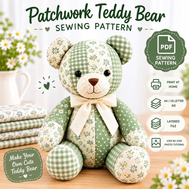 May include: A patchwork teddy bear sewing pattern featuring a stuffed bear made of green and white floral and gingham fabric. The bear has black eyes, a brown nose, and a cream-coloured ribbon bow. Text includes Patchwork Teddy Bear Sewing Pattern.