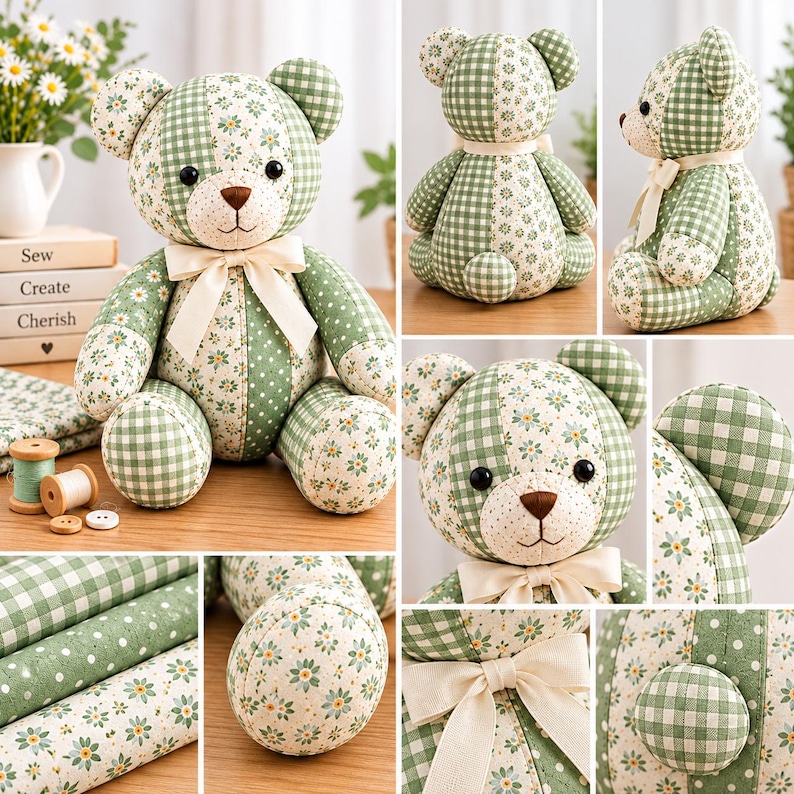 May include: A stuffed teddy bear crafted from patchwork fabric featuring green and white gingham, polka dot, and floral patterns. The bear has black button eyes, a brown stitched nose, and a cream-coloured ribbon tied around its neck.