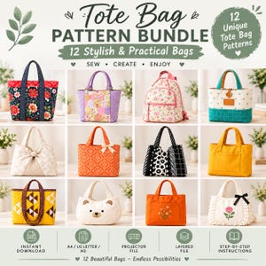 May include: A digital pattern bundle for 12 tote bags featuring text that reads Tote Bag PATTERN BUNDLE 12 Stylish & Practical Bags. The image displays 12 distinct bag designs in various colors, patterns, and shapes, including floral, quilted, and animal motifs.