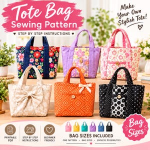 May include: A collection of six fabric tote bags in various colors and patterns, including floral, geometric, and polka dot designs. Each bag features two handles, a front pocket with a wooden button, and some include decorative bows.