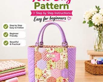May include: A quilted tote bag featuring a patchwork of hexagonal fabric pieces in floral, gingham, and polka dot patterns. The bag has purple polka dot side panels and handles. Text reads: Tote Bag Pattern, Step by Step Instructions, Easy for beginners.