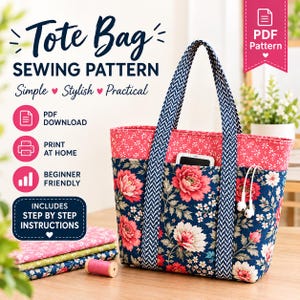 Op de afbeelding: Een PDF-naaipatroon voor een tote bag met een marineblauwe bloemenprint, een roze bloemenrand aan de bovenkant en marine-witte visgraathengsels. De tekst bevat Tote Bag SEWING PATTERN, Simple Stylish Practical, PDF DOWNLOAD, PRINT AT HOME, BEGINNER FRIENDLY.