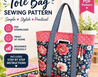 Mönster för quiltad tygväska i PDF-format | Mönster för tygväska med fickor i Market-stil | Mönster för nybörjare | Gör-det-själv-axelväska | Digital nedladdning