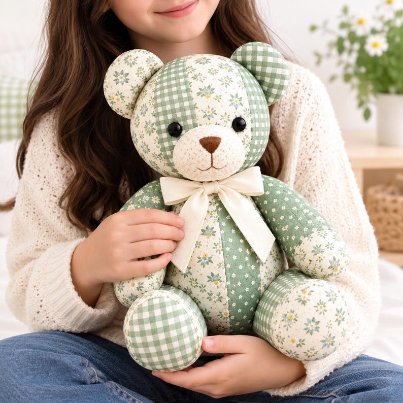 May include: A stuffed teddy bear crafted from patchwork fabric featuring alternating green and white gingham patterns and floral prints. The bear has black button eyes, a brown stitched nose, and a cream-coloured ribbon tied around its neck.