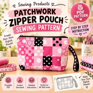 Patchwork Zipper Pouch Sewing Pattern: Polka Dot Cosmetic Bag (Digital Download)