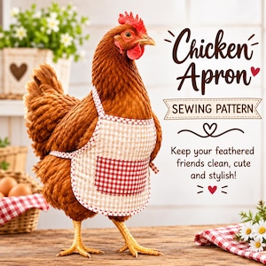 Puede incluir: Una gallina marrón que lleva un delantal de cuadros beige y blanco con un bolsillo de cuadros rojos y blancos. El texto dice: Chicken Apron SEWING PATTERN Keep your feathered friends clean, cute and stylish!