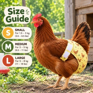 May include: A brown chicken wearing a yellow diaper with a brown chicken print and white velcro straps. A size guide chart is visible, listing small for 3.5-6.5 lbs, medium for 6.5-11 lbs, and large for 11-18 lbs, with the text Size Guide.