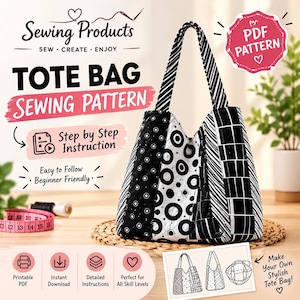 Peut inclure: Un sac fourre-tout matelassé avec un motif patchwork noir et blanc composé de cercles, de rayures et de grilles. L'image contient le texte : Sewing Products, TOTE BAG SEWING PATTERN, PDF PATTERN, Step by Step Instruction et Printable PDF.