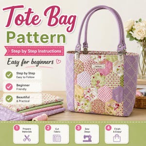 Op de afbeelding: Een patroon voor een tote bag met stapsgewijze instructies, ideaal voor beginners. De tas heeft een patchwork ontwerp met bloemen- en geometrische patronen in roze, groen en paars. De afbeelding toont ook stof, garen en instructies.