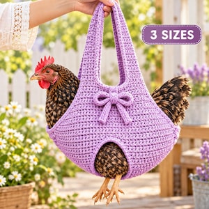 May include: A lavender crochet chicken sling featuring a central bow detail and a bottom opening for the bird's legs. The sling has two handles and a purple rectangular label in the upper right corner with the white text 3 SIZES.