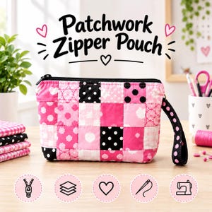 May include: A rectangular patchwork zipper pouch featuring a grid of pink, white, and black fabric squares with polka dot, floral, and heart patterns. The pouch has a black zipper closure and a matching black wrist strap with white polka dots.