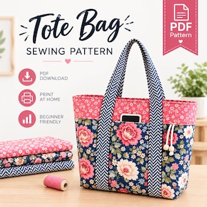 Faça Você Mesmo: Bolsa de Ombro em Tecido | Molde em PDF para Bolsa Tote Acolchoada | Molde para Bolsa de Mercado com Bolsos | Molde para Costura Iniciante